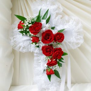 Red & White Satin Cross Casket
